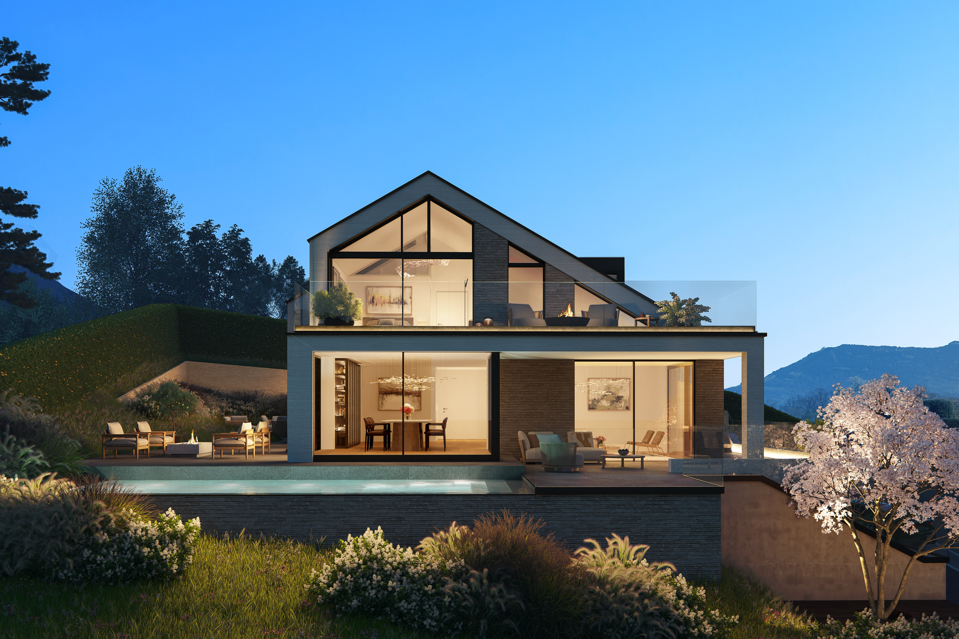 Panoramavilla in Kastanienbaum: Exklusiver Ausbau, Seeblick, Pool & Privatsphäre