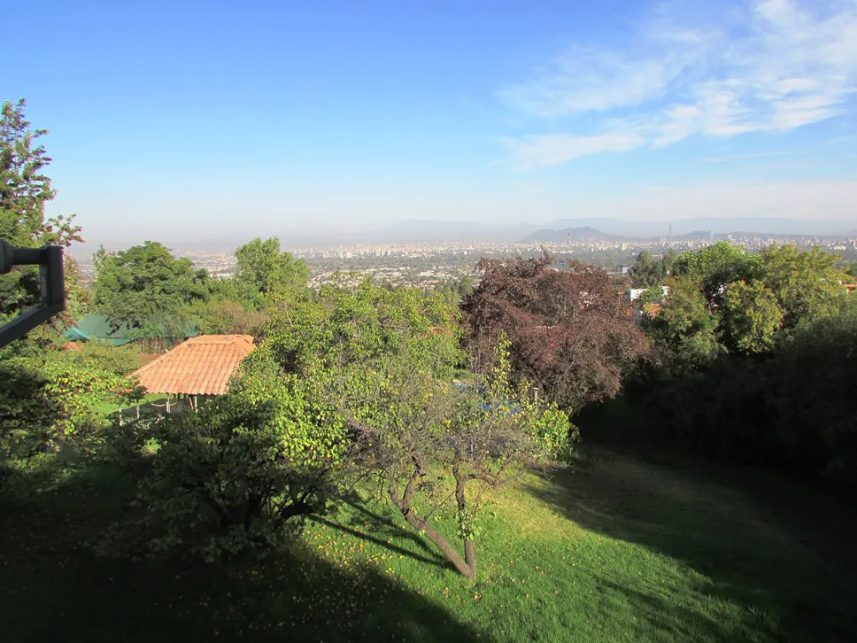 View from a lush green hillside overlooking a city skyline under a blue sky.