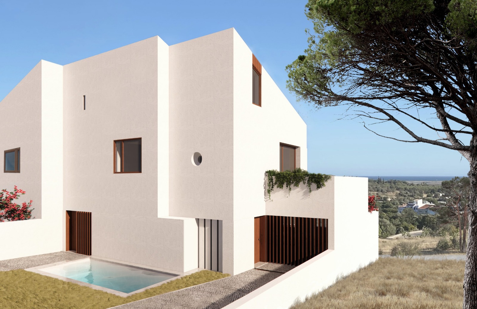 Modern white villa with a small pool, wooden accents, and a scenic landscape view under a clear blue sky. [AI-generated text]