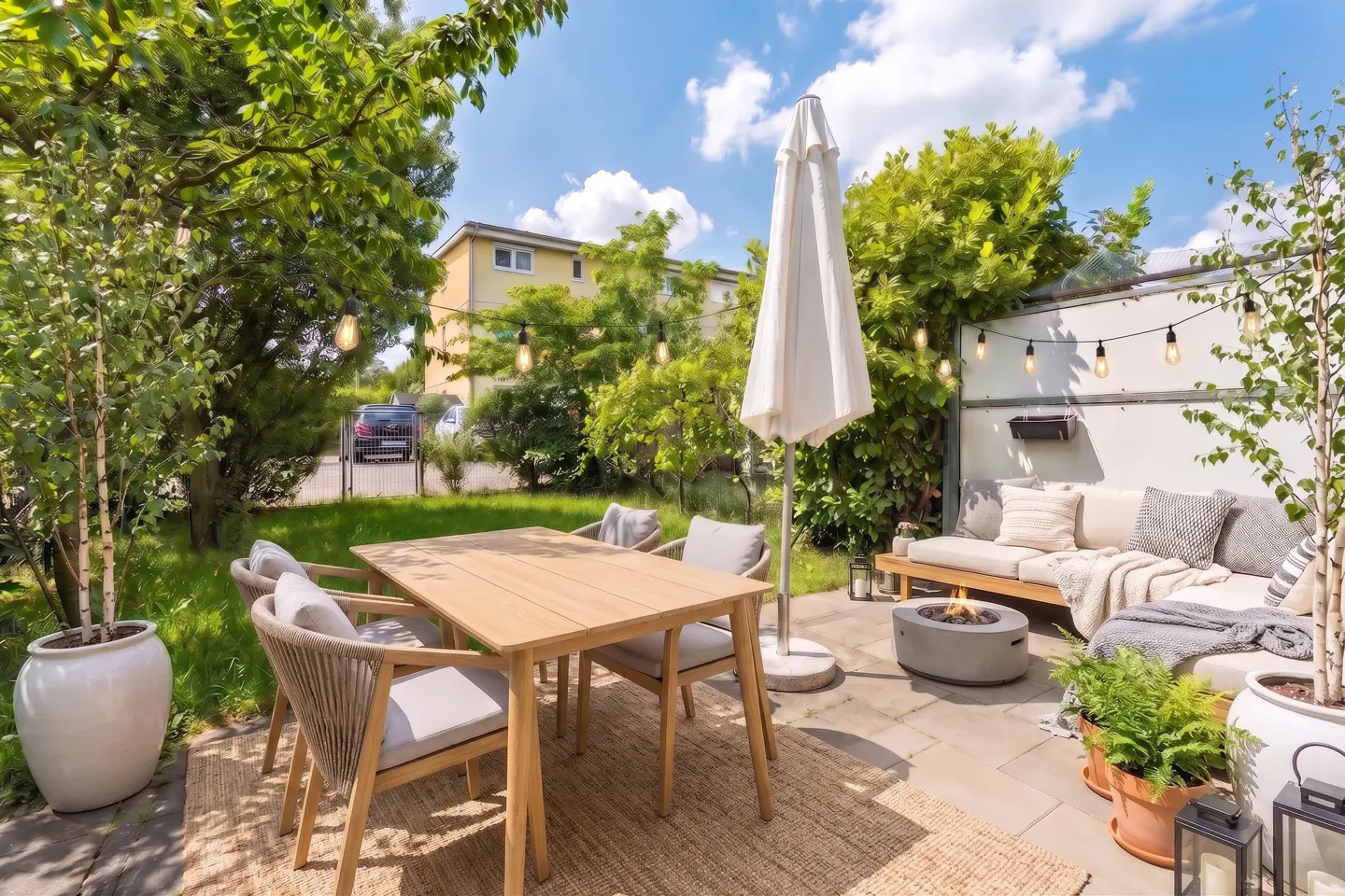 Outdoor patio with a wooden table and chairs, a white umbrella, a sofa, and a fire pit, all surrounded by lush greenery.