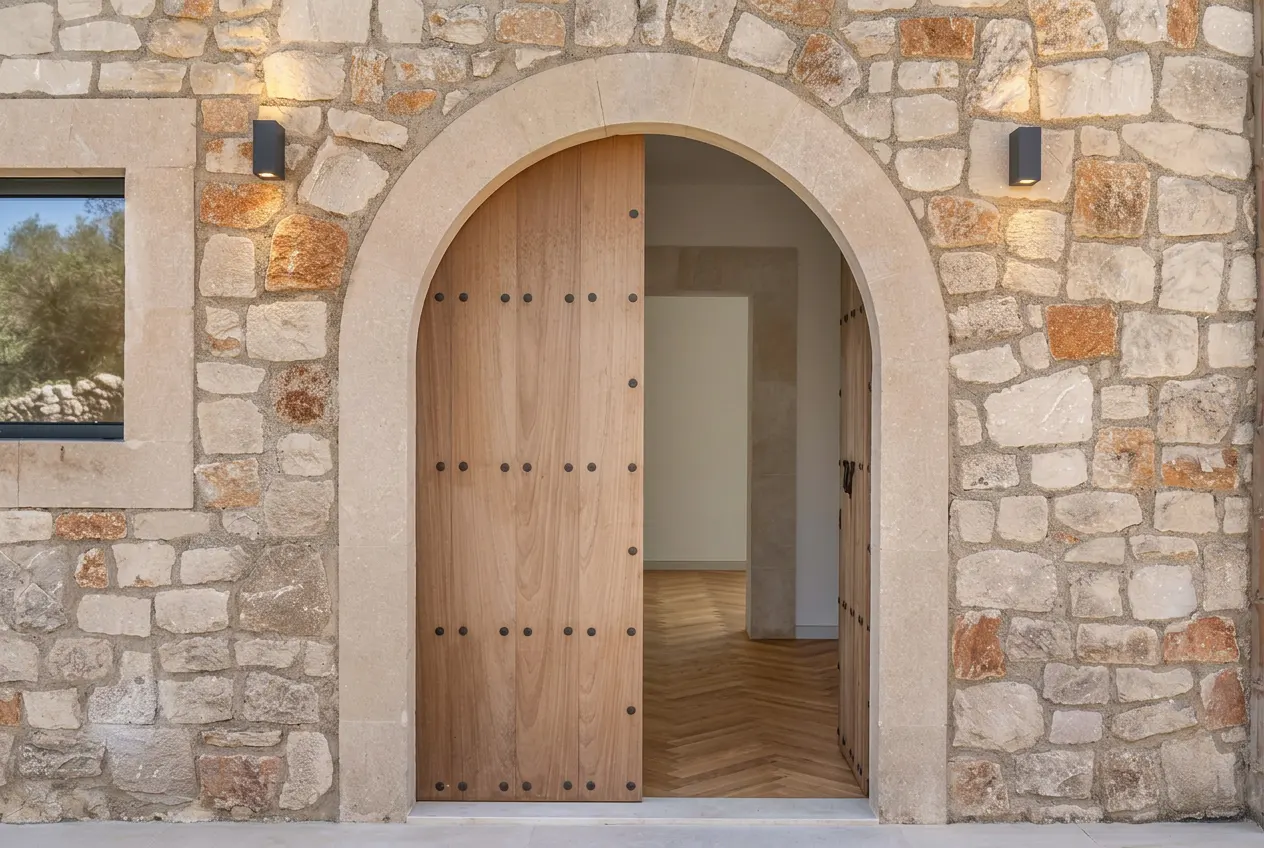 Stone building exterior with an arched wooden door ajar, revealing a herringbone wood floor. Two black sconces flank the door.