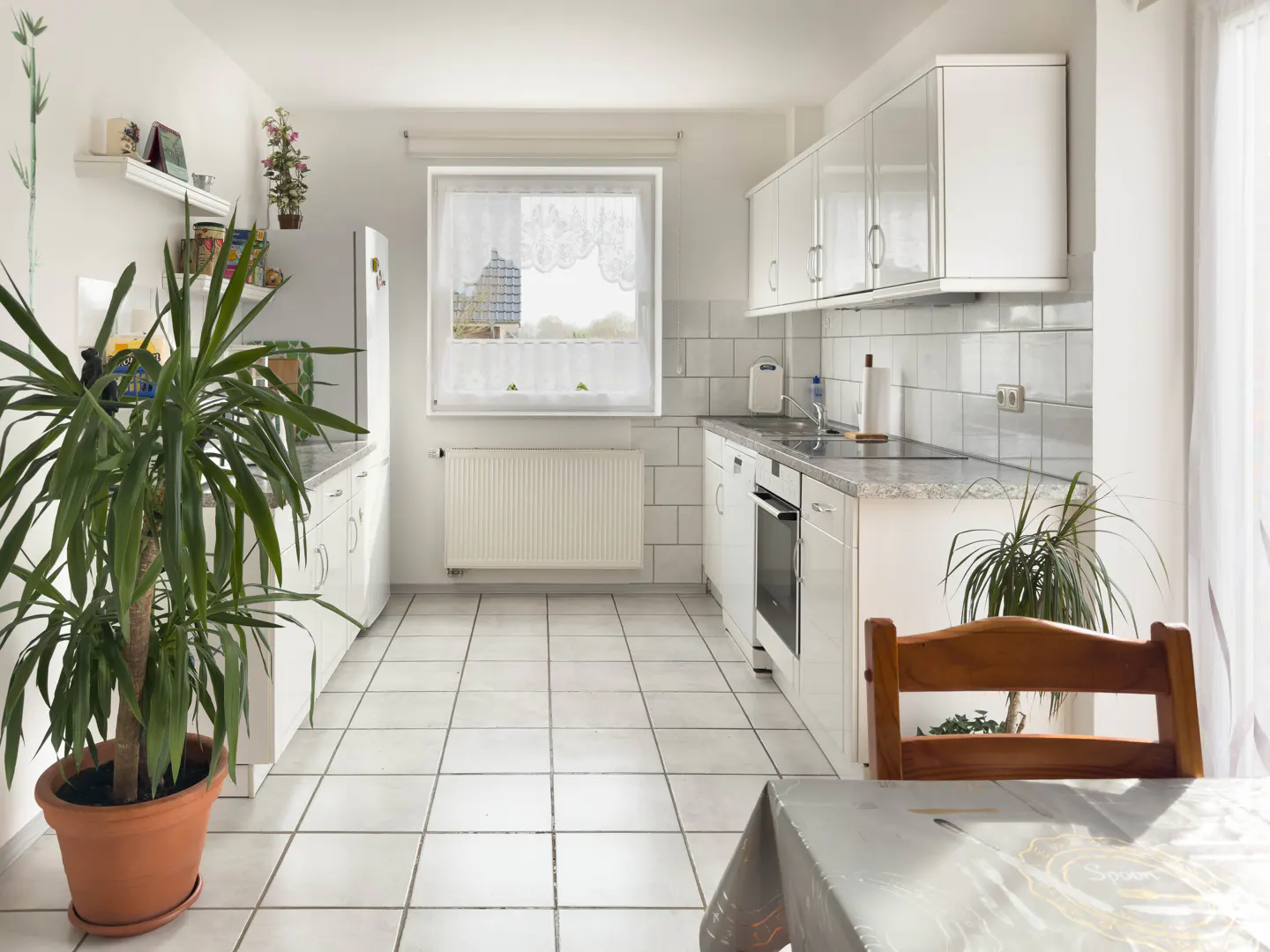 Bright kitchen with white cabinets, tile floor, and a window with sheer curtains. A large potted plant adds a touch of greenery.