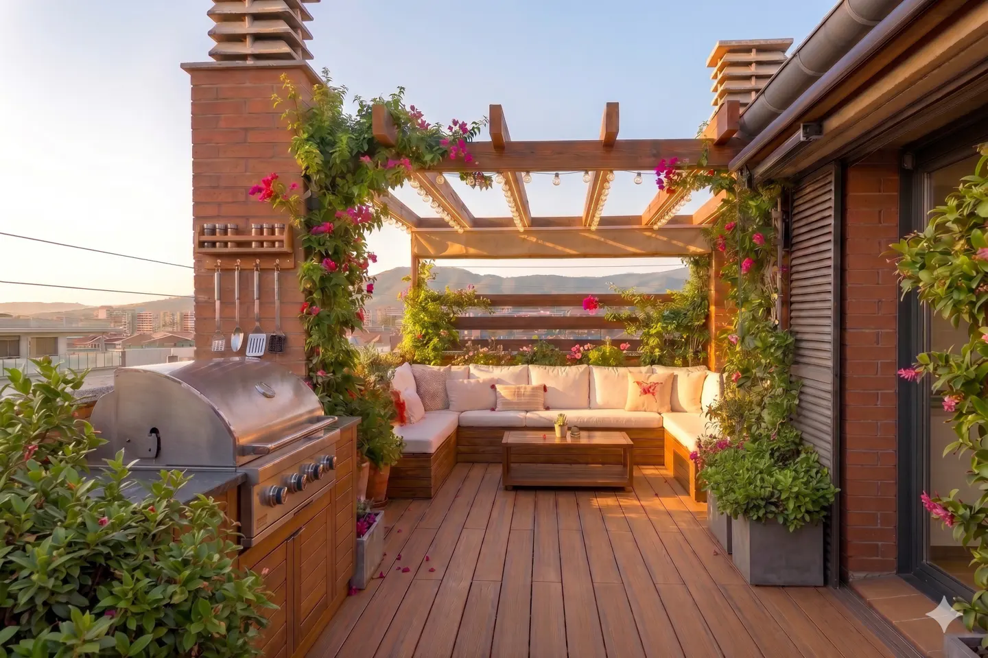 Rooftop terrace with a stainless steel grill, wooden pergola, L-shaped white sofa, and lush bougainvillea at sunset.