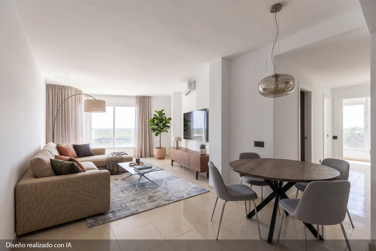 Bright, open-plan living and dining area with beige sectional sofa, round wood table with grey chairs, and large windows.