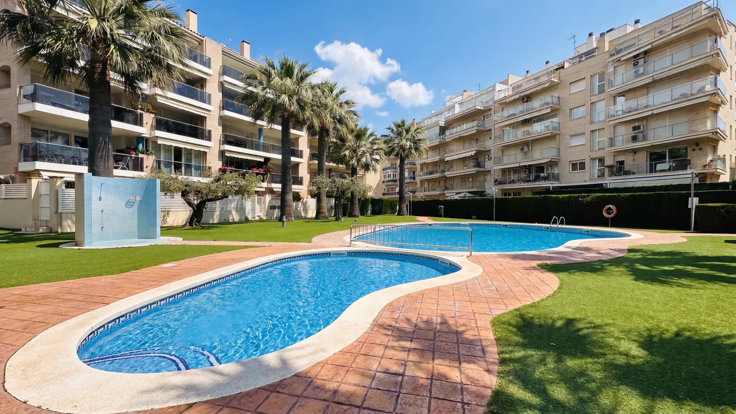 Two blue pools sit on green grass, surrounded by palm trees and apartment buildings under a blue sky.