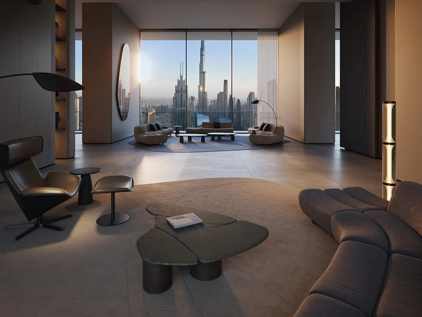 A modern living room with a view of the Dubai skyline through a large window. The room features stylish furniture and neutral colors.