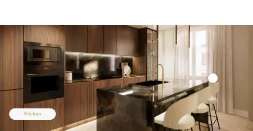 Modern kitchen with dark wood cabinets, black marble countertops, and white bar stools. A gold faucet and pendant lights add a touch of elegance.