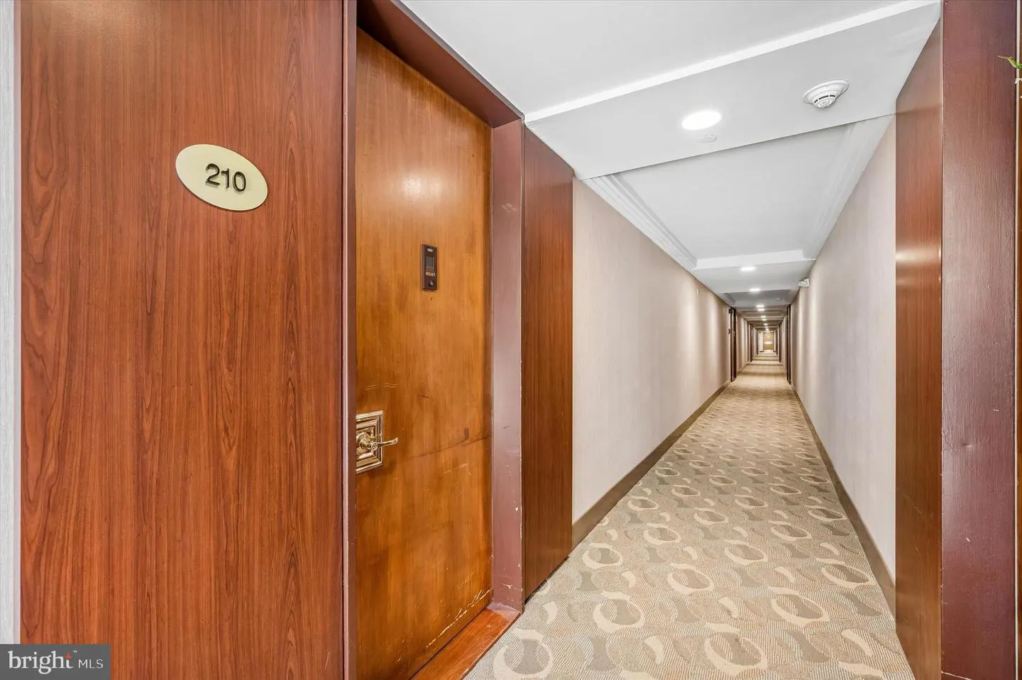 Hotel hallway with wood doors and patterned carpet. Room 210 is on the left.
