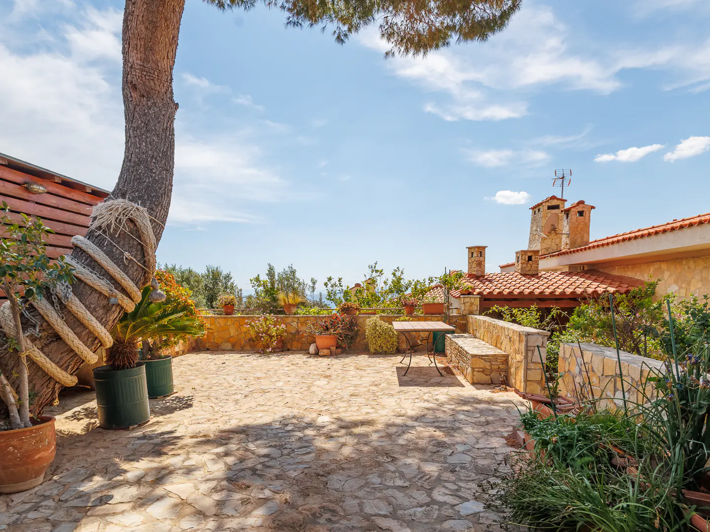 Outdoor patio with stone flooring, a table and bench, and a large tree wrapped in rope. Red-tiled roof of a building in the background.