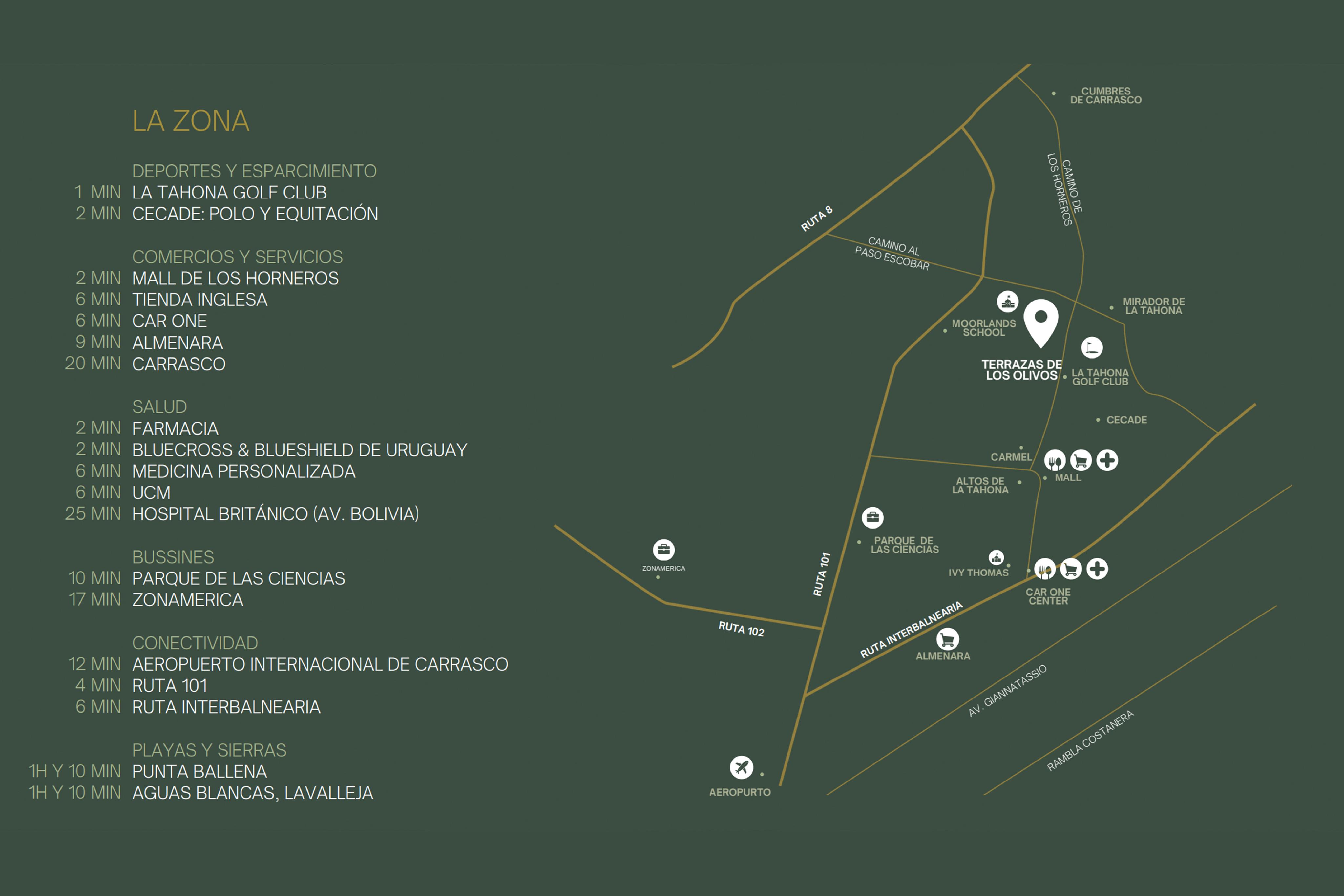 Map showing the location of Terrazas de los Olivos, nearby golf club, shopping mall, and other amenities. [AI-generated text]