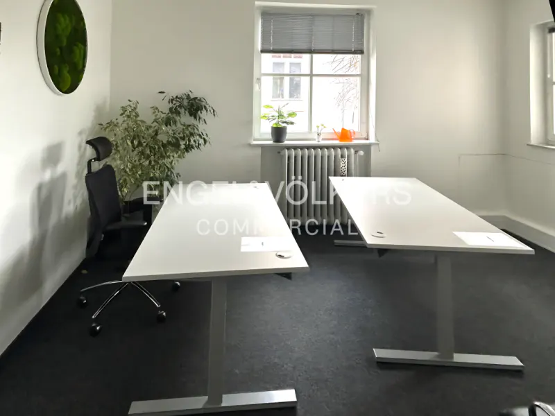 Bright office space with two white desks, a black chair, and a window with blinds. A green plant decoration hangs on the wall.