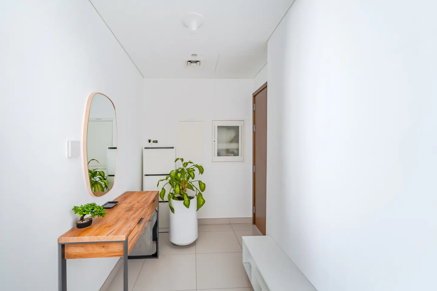 Bright, white hallway with a wooden console table, oval mirror, and potted plant. A brown door and white storage unit are visible.