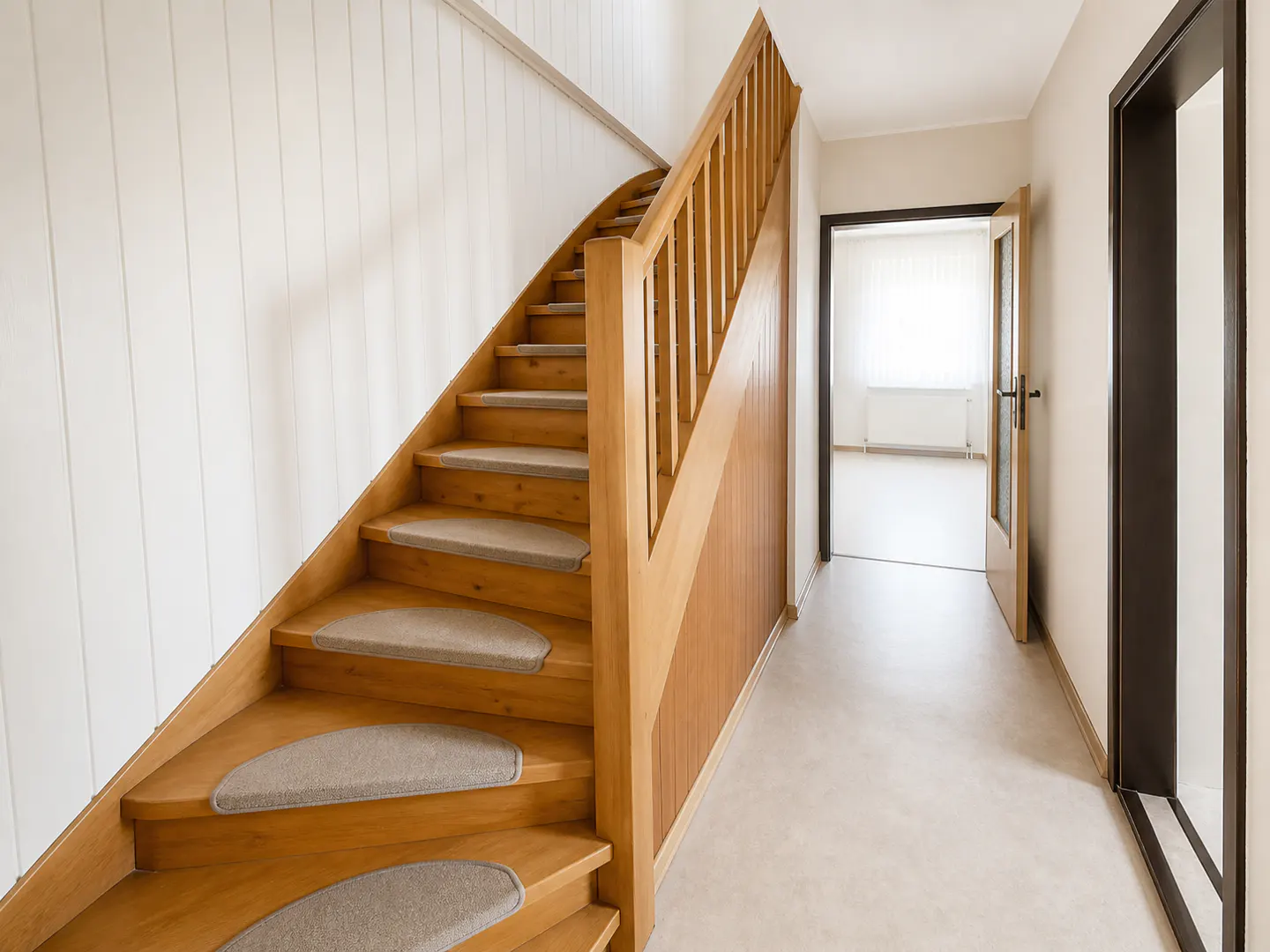 Wooden staircase with grey carpet treads, white paneled walls, and a doorway leading to a bright room.