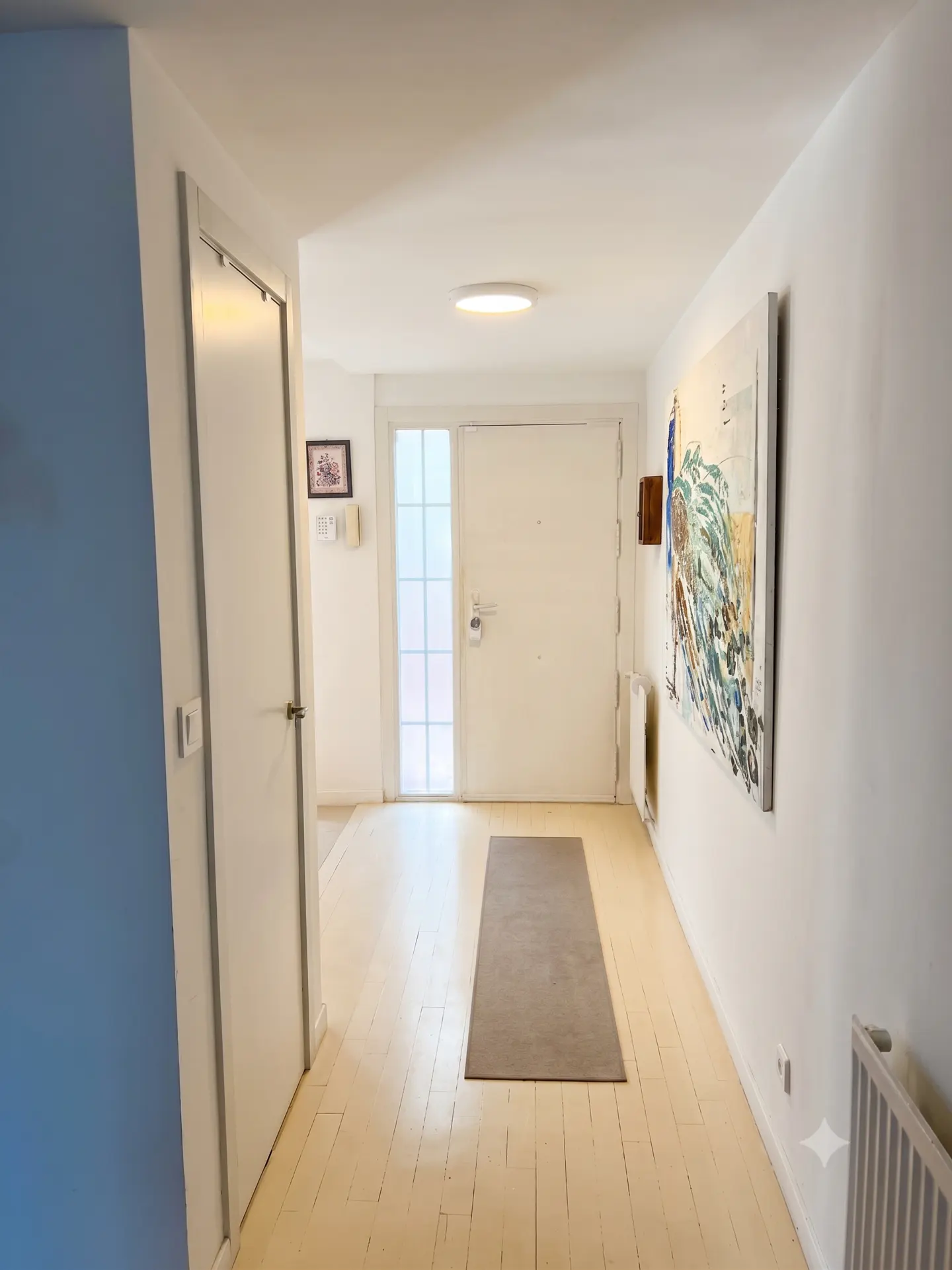 Bright entryway with light wood floors, a grey runner rug, a white door, and a large abstract painting on the wall.