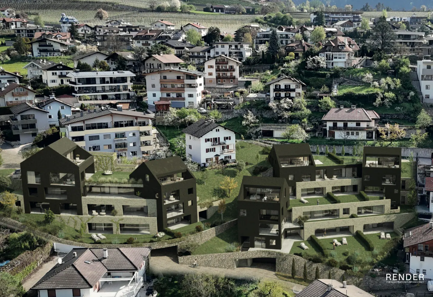 Modern black houses with green roofs on a hillside, surrounded by traditional homes and vineyards.