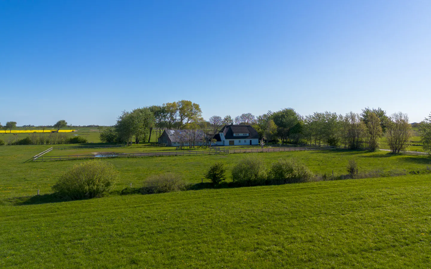 A rural property with a white house and barn surrounded by green fields and trees under a clear blue sky.