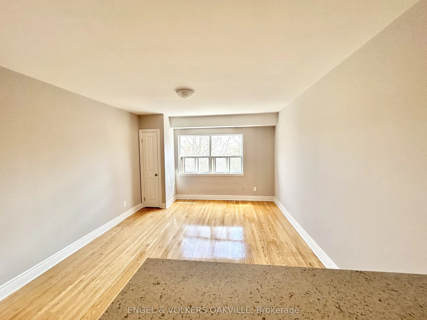 Bright, empty room with hardwood floors, beige walls, and a window showing trees outside. A white door is on the left.
