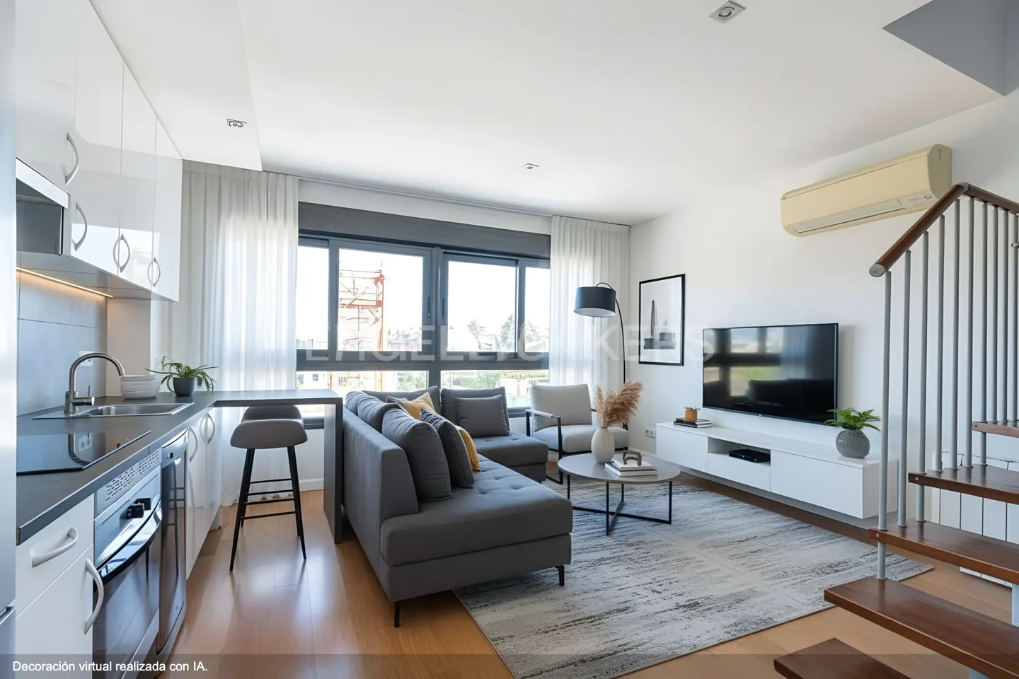 Bright, modern apartment interior with gray sofa, white kitchen cabinets, and a staircase with wooden steps. A large window provides natural light.