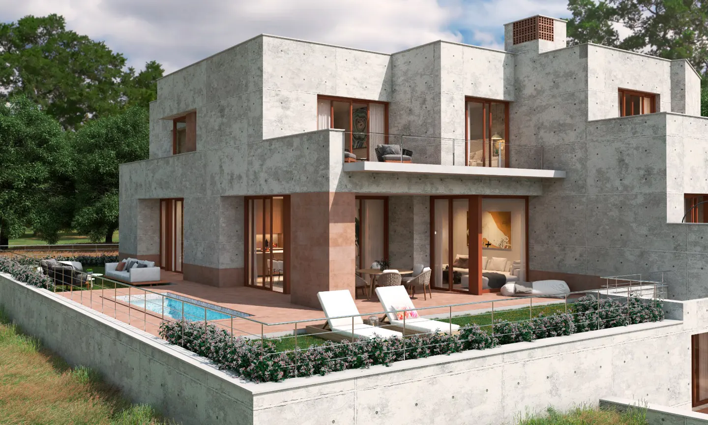 Modern concrete house with a pool and patio. Lounge chairs and outdoor furniture are visible.