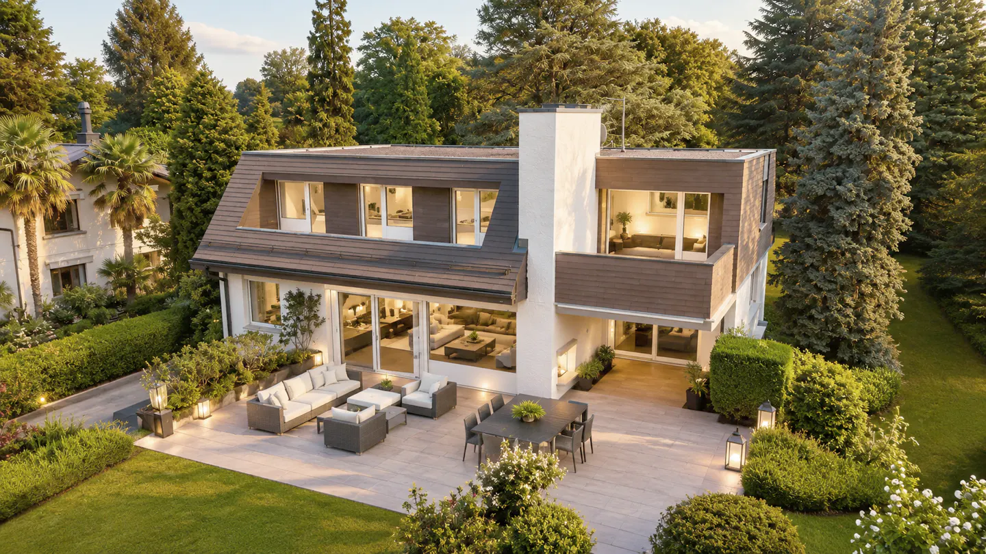 Two-story white house with brown roof, large windows, and patio with outdoor furniture surrounded by green lawn and trees.