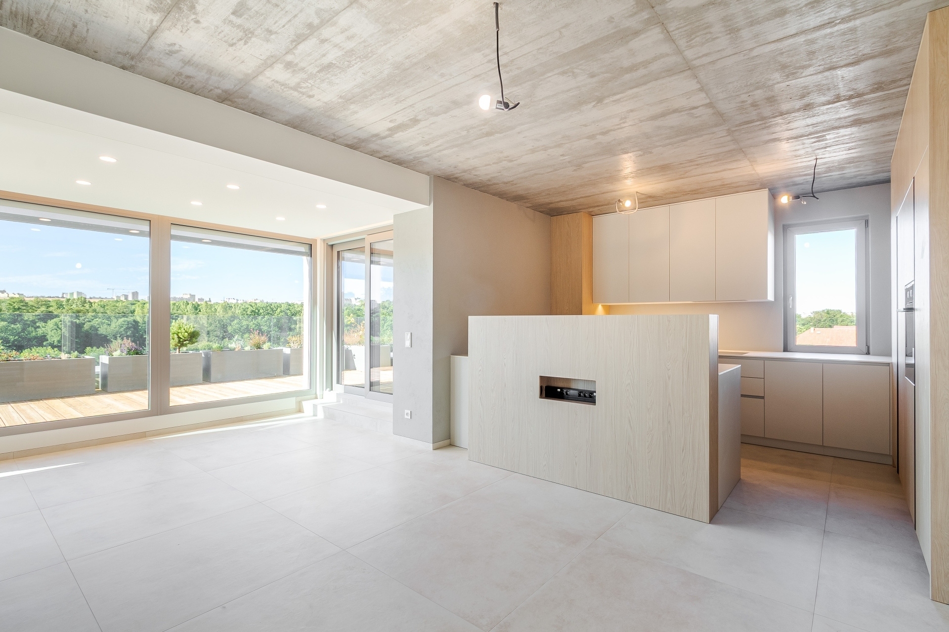 Modern kitchen with light wood cabinets, concrete ceiling, and large windows overlooking a green landscape.