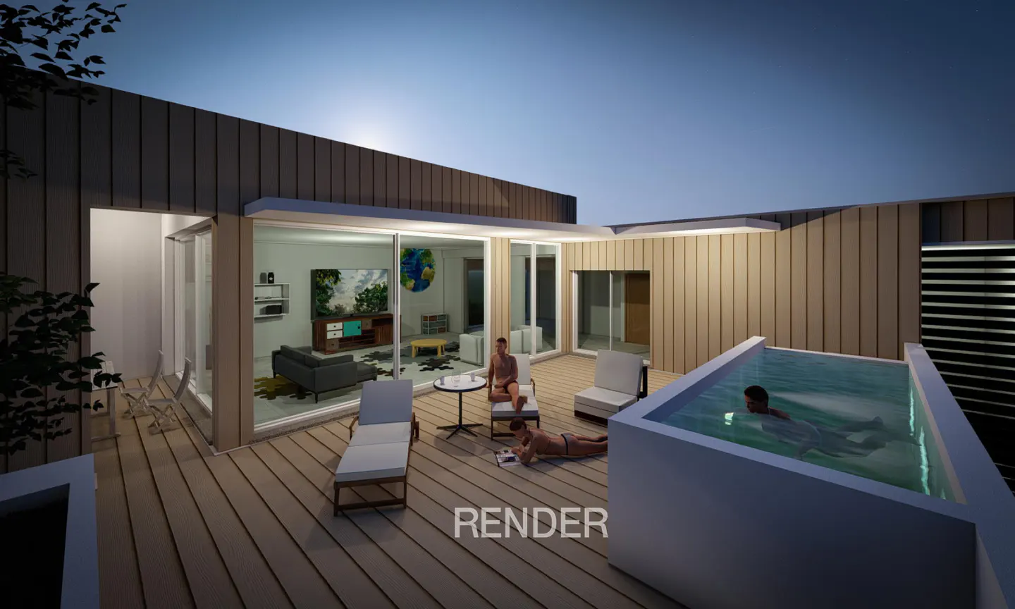 Modern rooftop terrace at dusk with a swimming pool, lounge chairs, and a view into a contemporary living room.