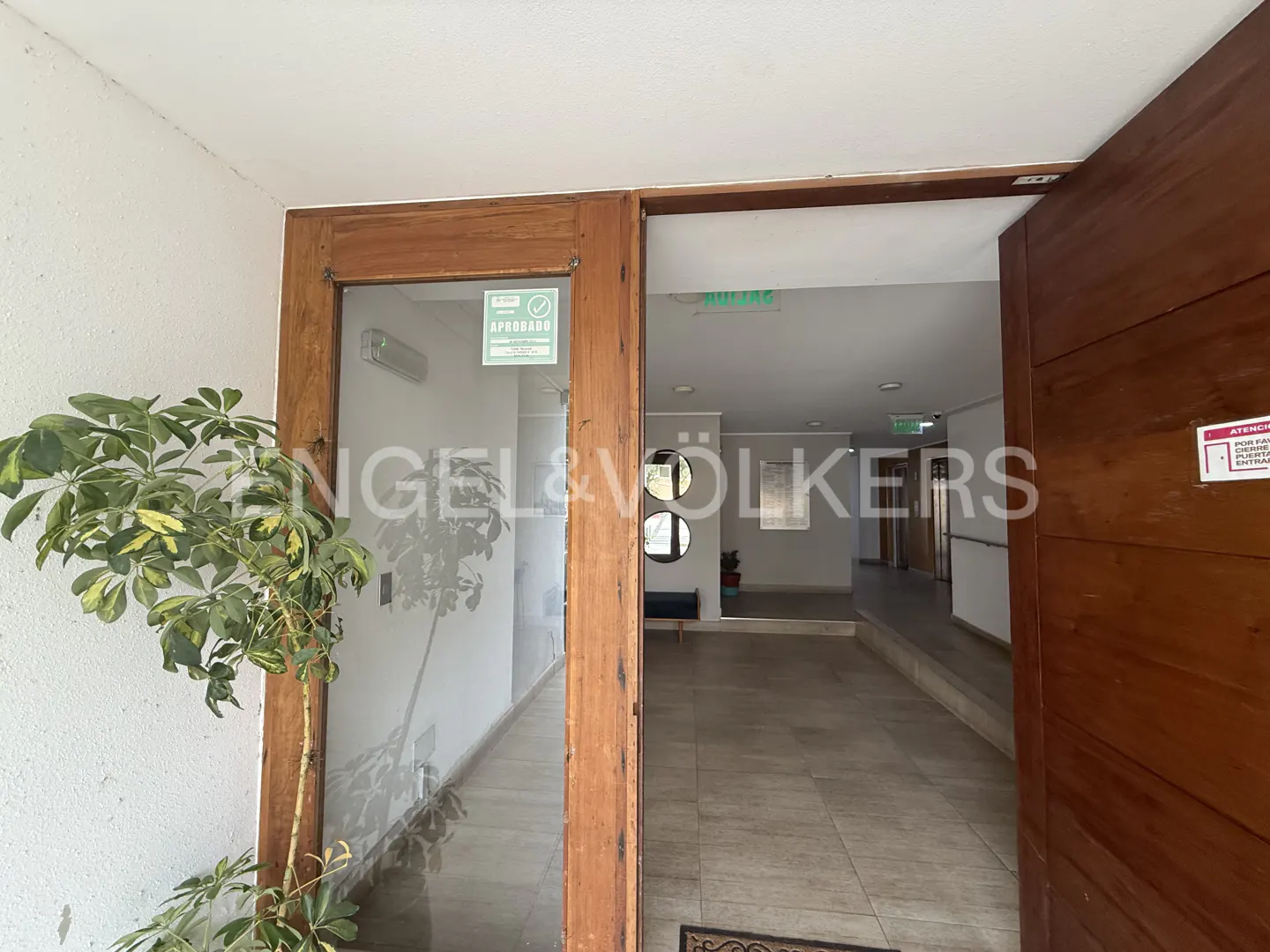 Open wooden door to a building lobby with tile floors. A plant is on the left. The Engel & Völkers logo is on the glass door.