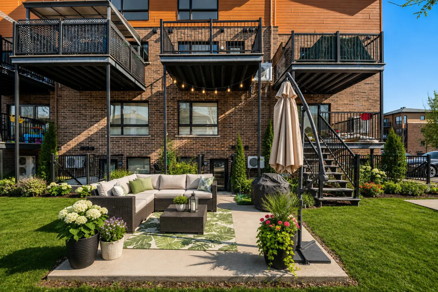 Outdoor patio with wicker furniture, green lawn, and brick building with balconies. An umbrella and potted plants add to the cozy atmosphere.