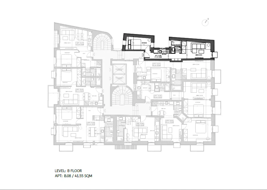 Floor plan of level 8, apartment B.08, 41.55 SQM, with highlighted apartment units, showing rooms and layout.