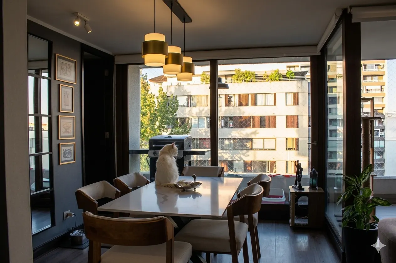 Bright dining room with a white cat sitting on a white table, looking out the window at a city view.
