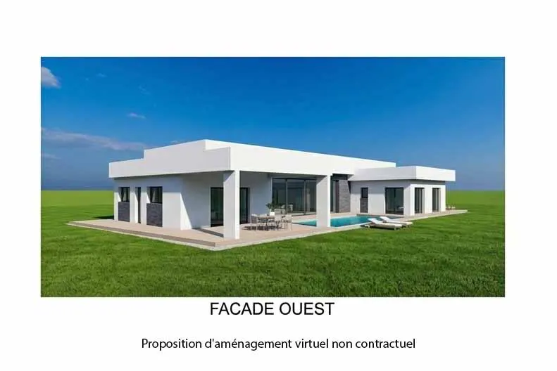 Modern, white, one-story house with a flat roof, pool, patio furniture, and green lawn under a blue sky.