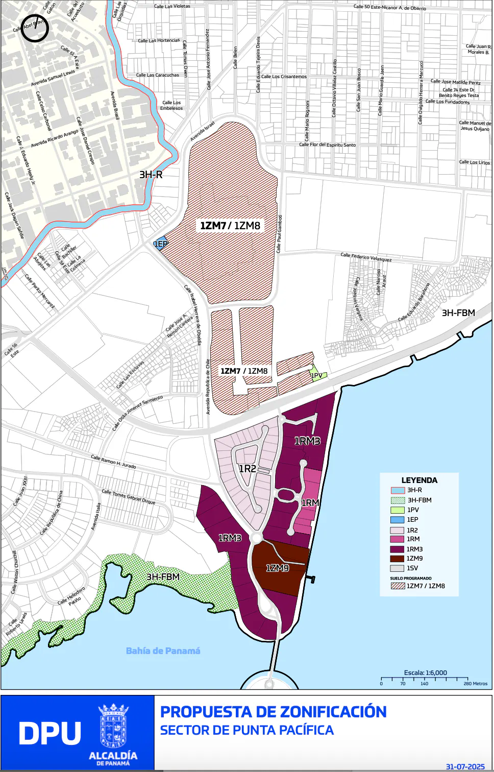 Zoning map of Punta Pacifica, Panama, showing different land use zones in various colors, including residential, commercial, and mixed-use areas.