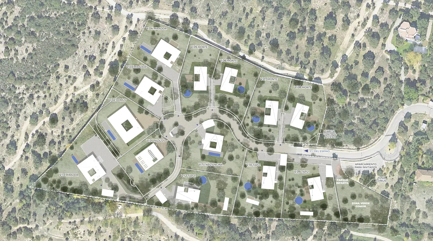 Aerial view of a real estate development plan with modern white houses, pools, green spaces, and roads.