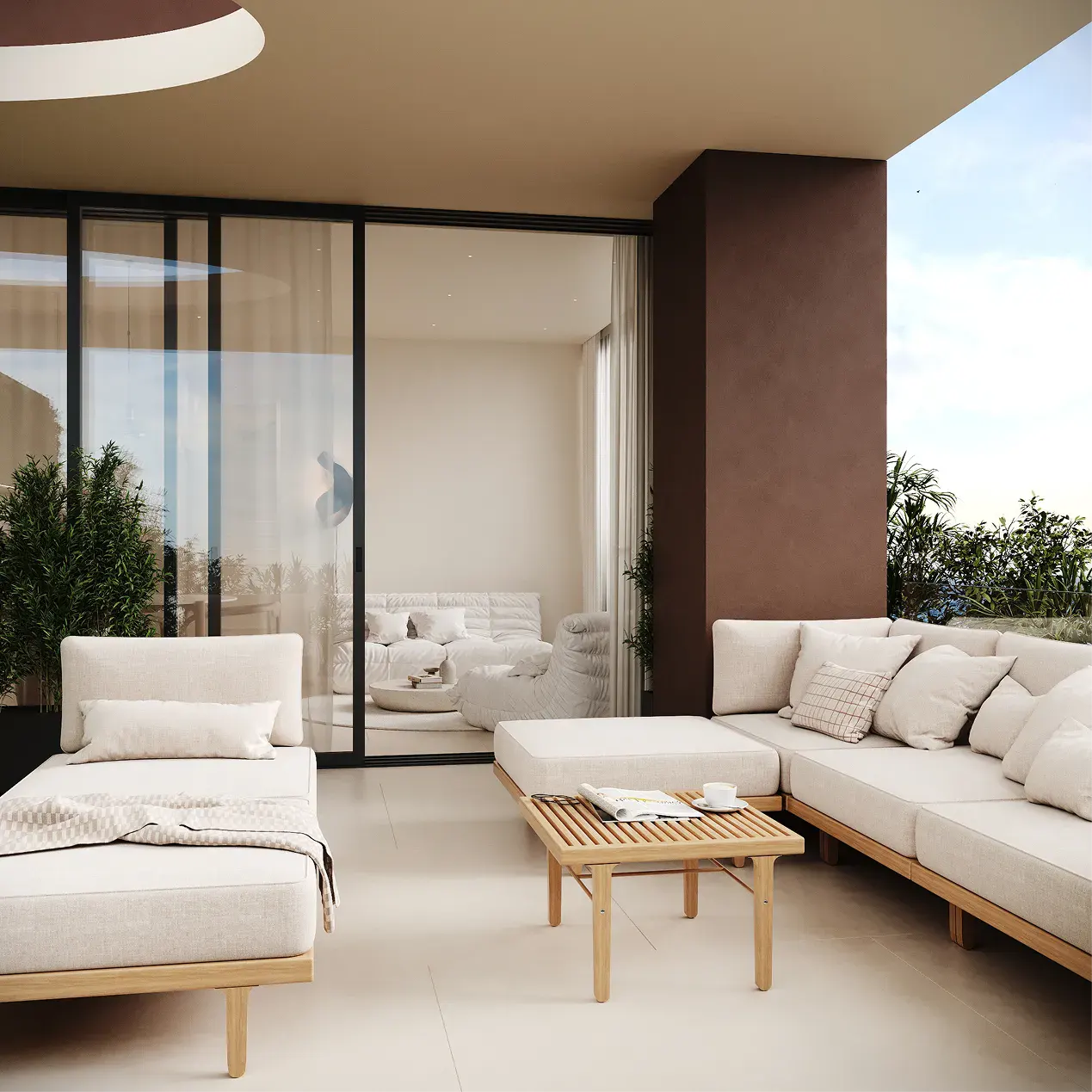 Outdoor patio with a cream sectional sofa, lounge chair, and wood coffee table. Sliding glass doors lead to a bright, modern interior.