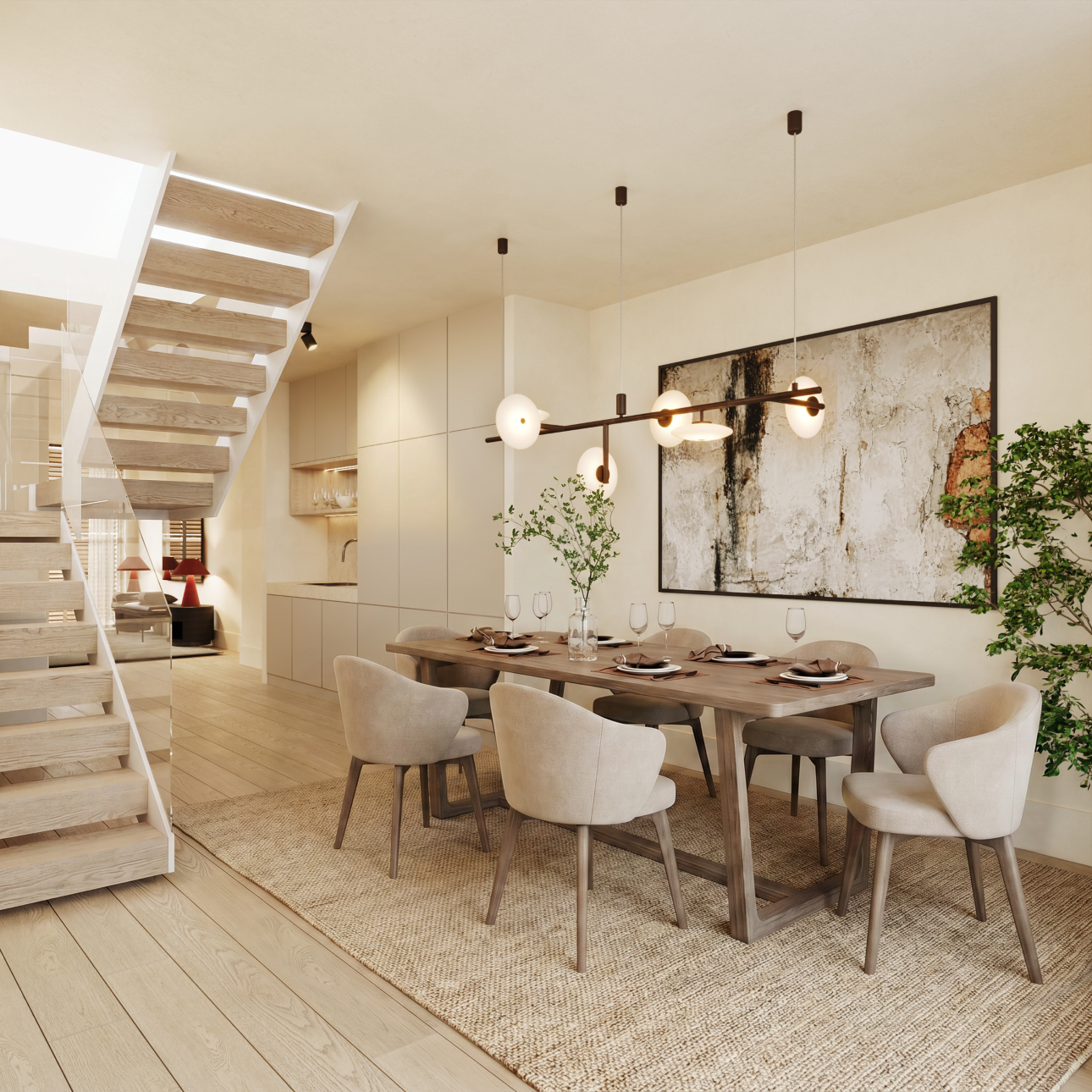 Modern dining room with a wooden table, beige chairs, a textured rug, and a floating staircase in a bright, open home.