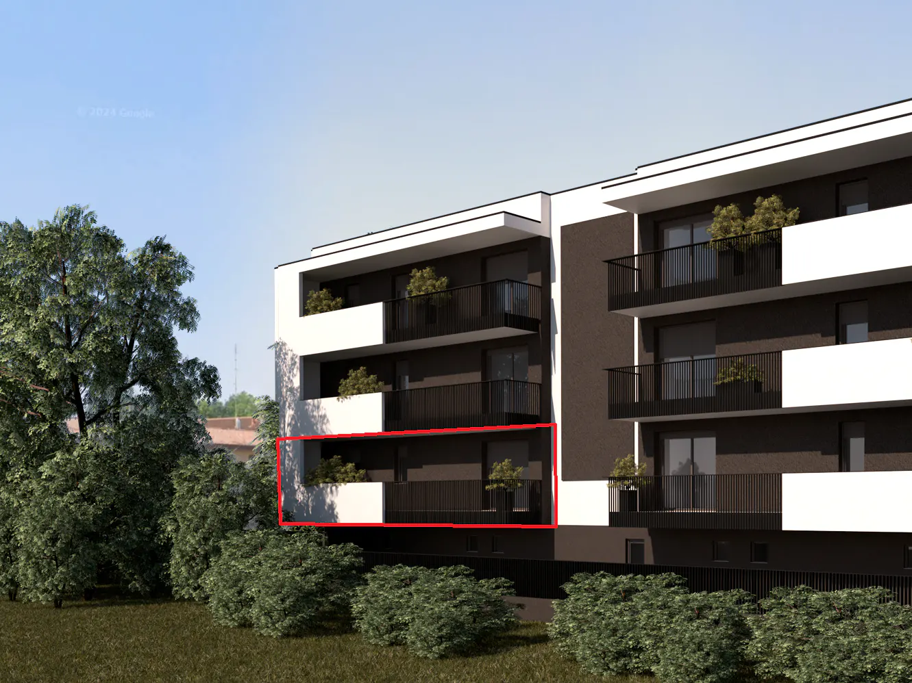 Modern apartment building with black balconies and white accents, surrounded by green trees and grass. Highlighted balcony in red.