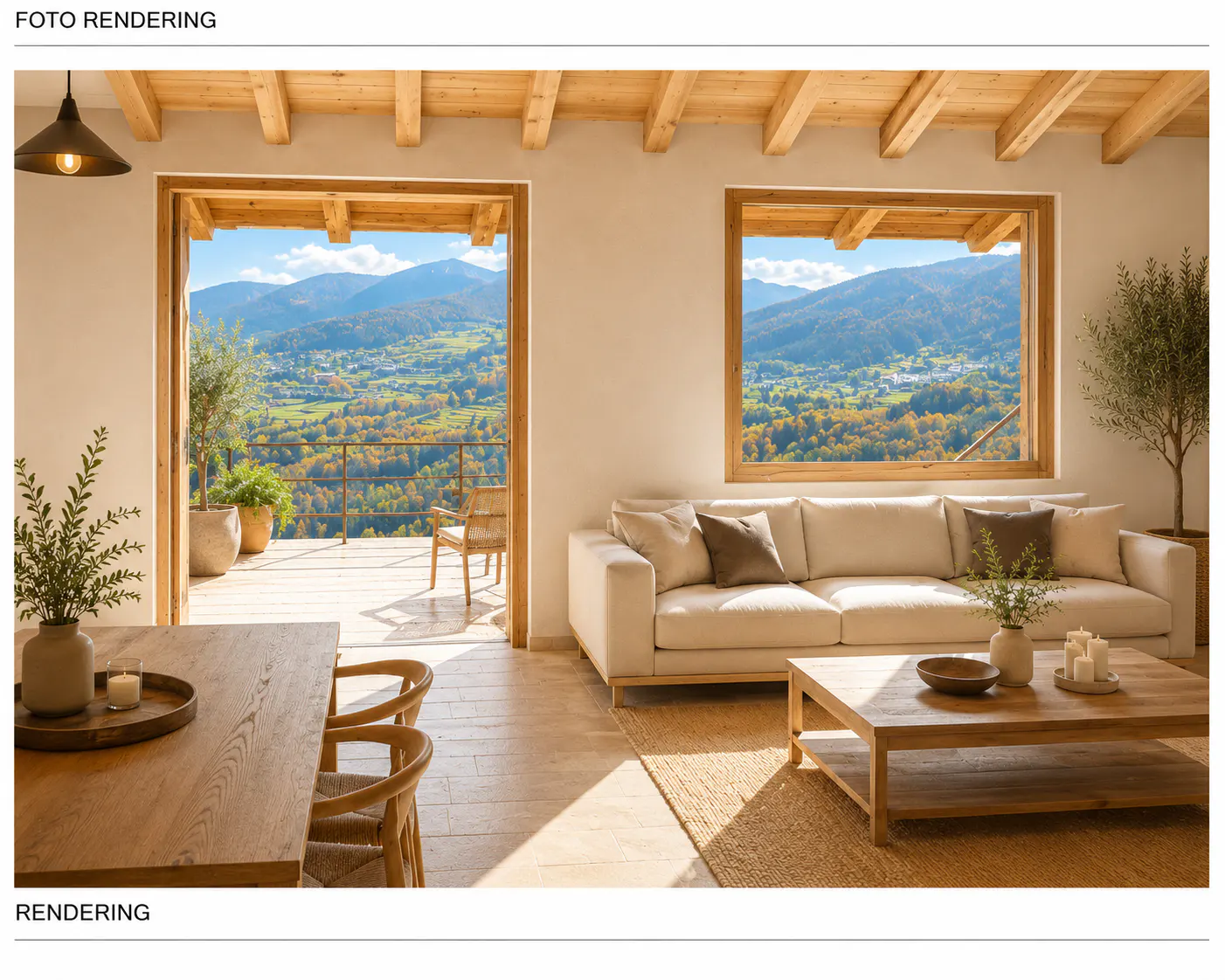 Living room with a white sofa, wooden table, and a view of mountains through a window and open doors.