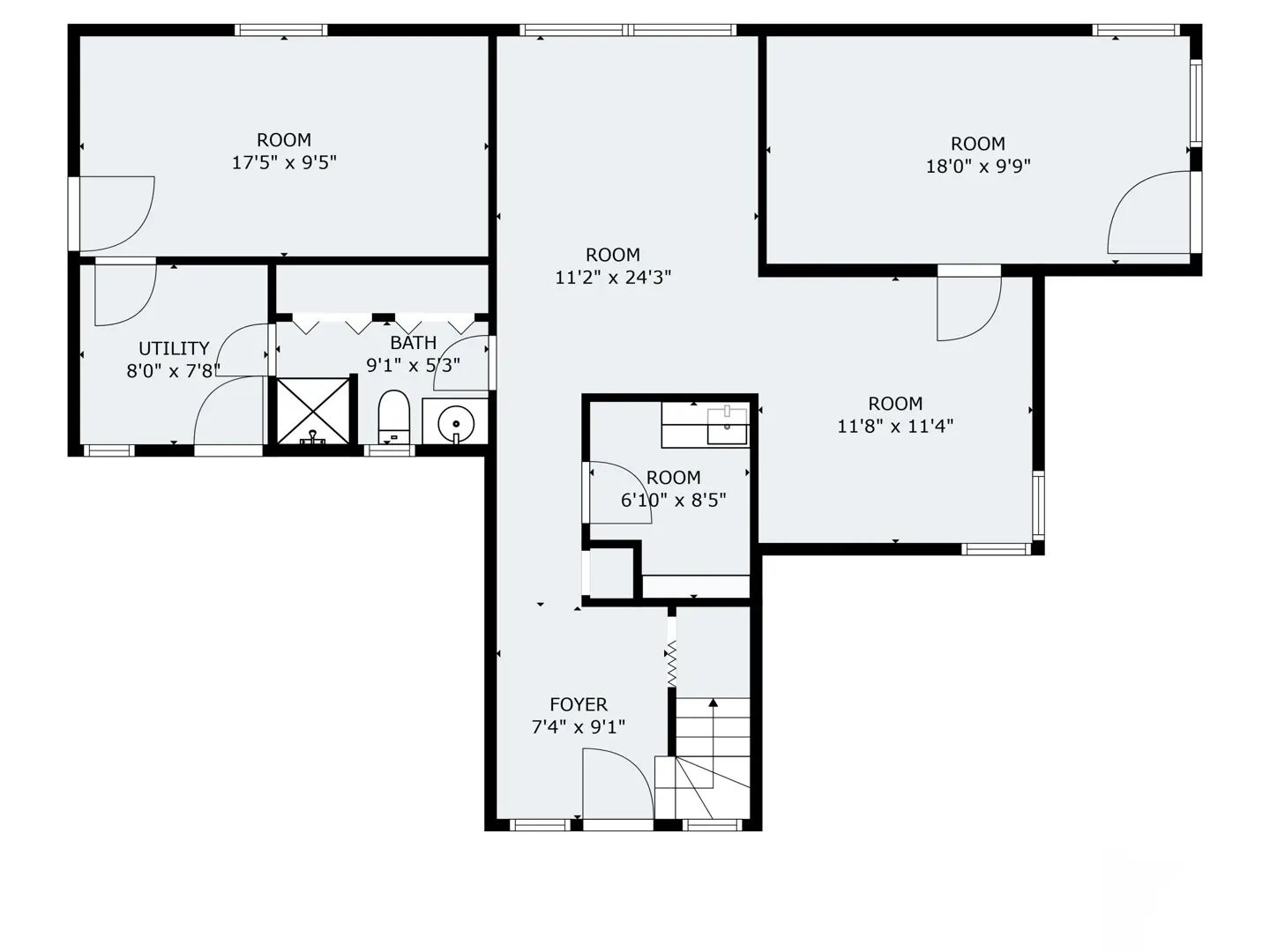 Floor plan of a house with labeled rooms, including a foyer, utility room, bath, and several rooms of varying sizes.