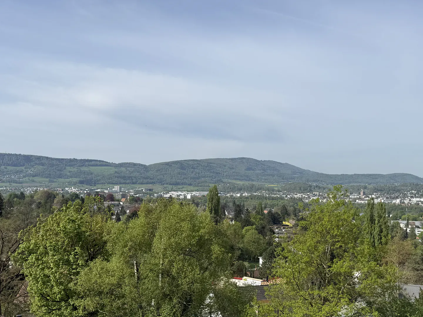 Scenic view of a town nestled among green trees, with a mountain range in the background under a blue sky.