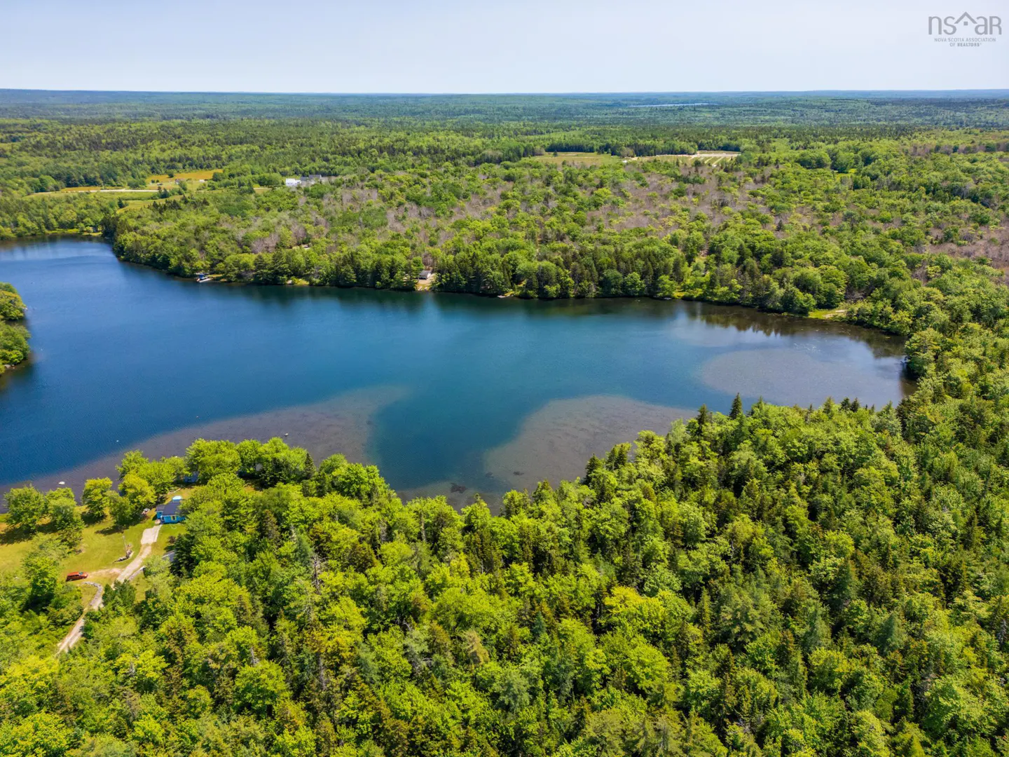 Aerial view of a blue lake surrounded by lush green forest under a clear blue sky.