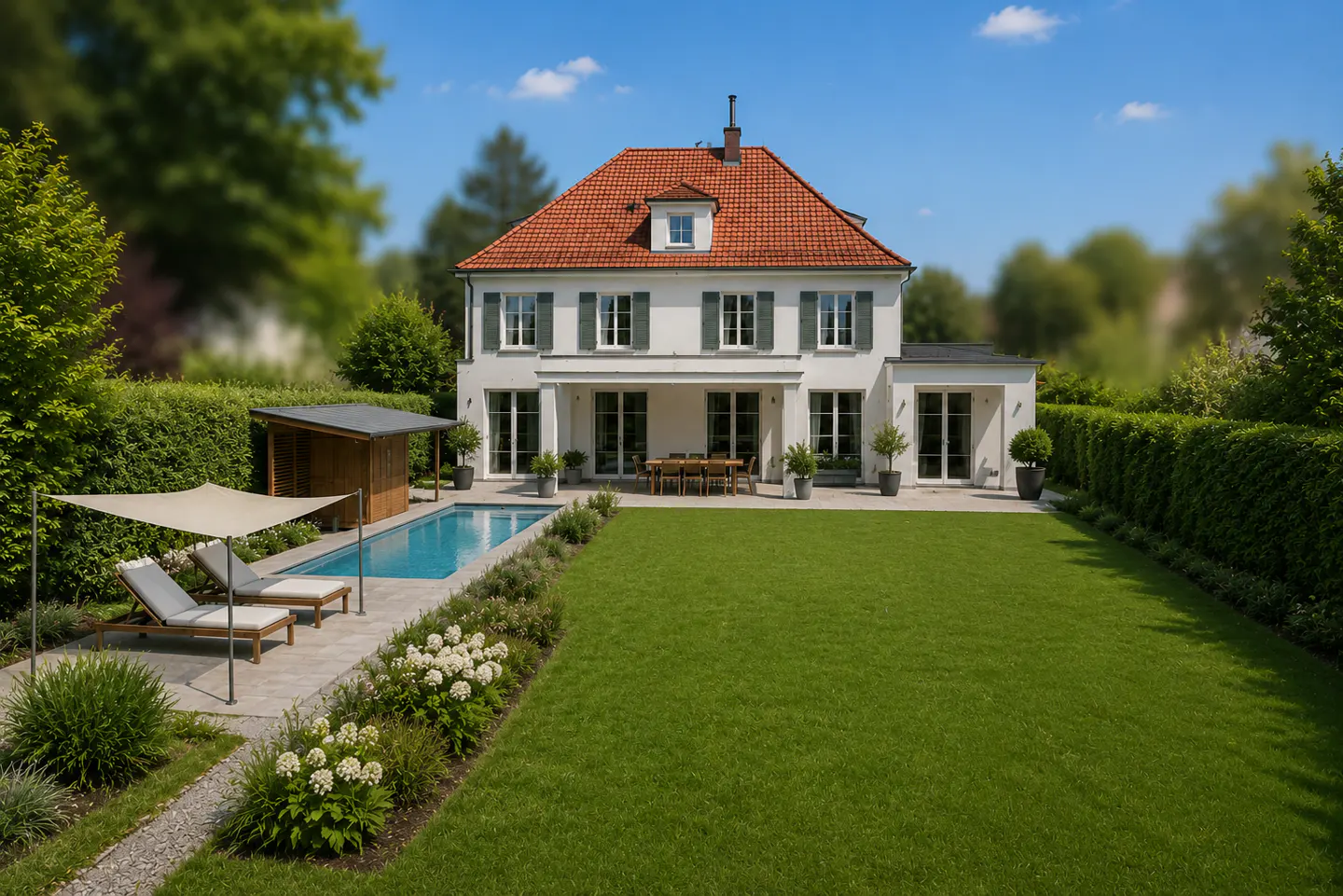 White house with red roof, pool, sun loungers, and large green lawn in a landscaped backyard under a blue sky.
