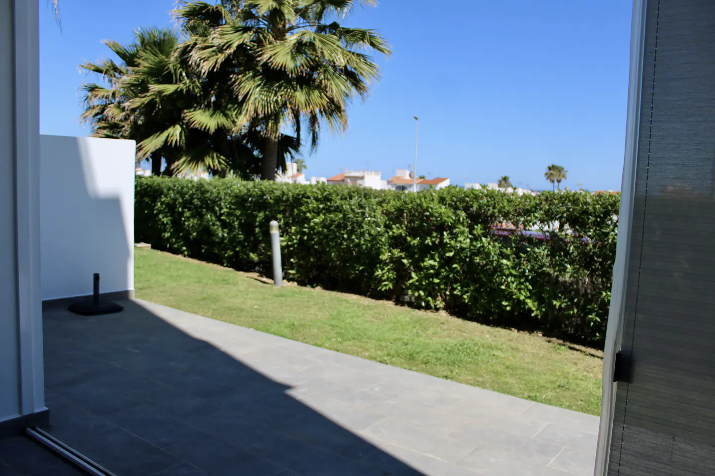View from a patio with gray tiles, green grass, and a tall hedge. Palm trees and blue sky are visible in the background.
