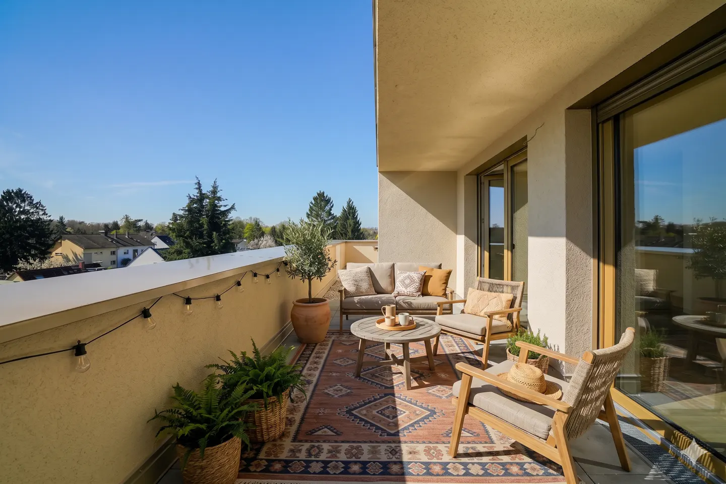 Sunny balcony with outdoor furniture: sofa, chairs, table, and patterned rug. String lights hang along the railing. Ferns and a potted tree add greenery.