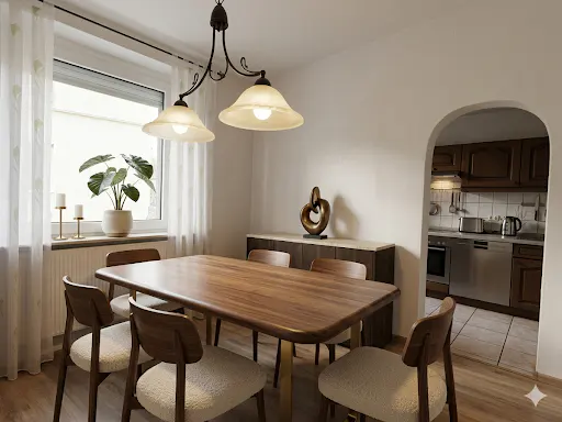 Dining room with a wooden table, six chairs, and a chandelier. A kitchen is visible through an arched doorway. A plant sits on the windowsill.