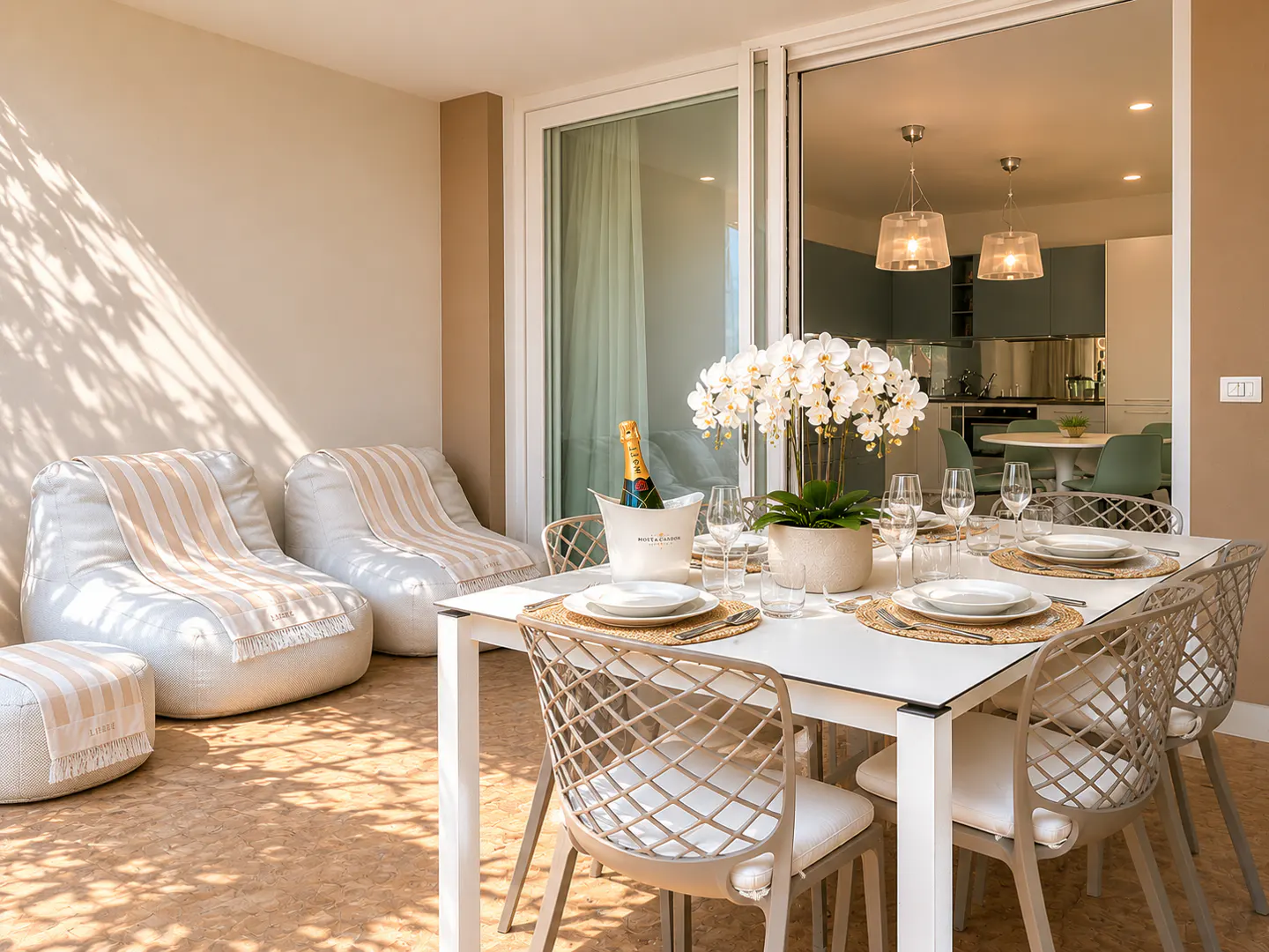 Outdoor dining area with white table, chairs, and beanbag chairs. Champagne in ice bucket, orchid centerpiece, and sliding glass doors to kitchen.