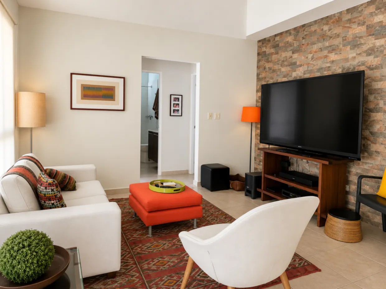 Living room with white sofa, orange ottoman, patterned rug, and a large TV mounted on a stone accent wall.