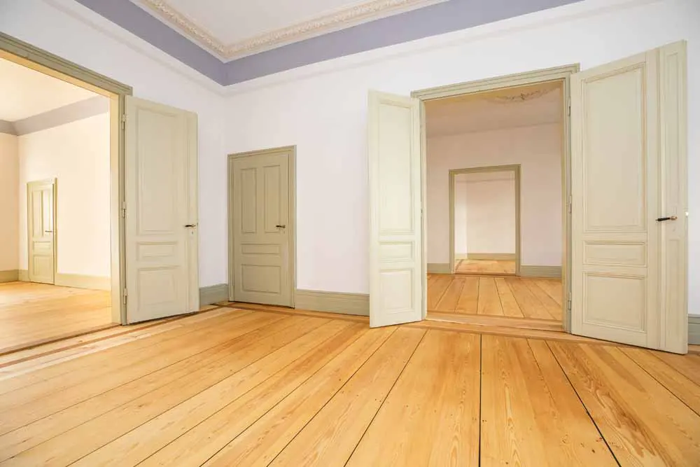 Bright room with light wood floors, white walls, gray trim, and multiple open doorways leading to connected rooms.