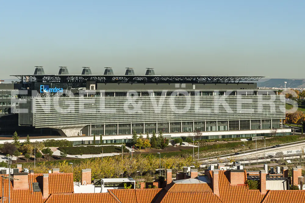 Exterior view of the Endesa building, a modern office building with horizontal lines and a blue Endesa sign. Orange rooftops in the foreground.