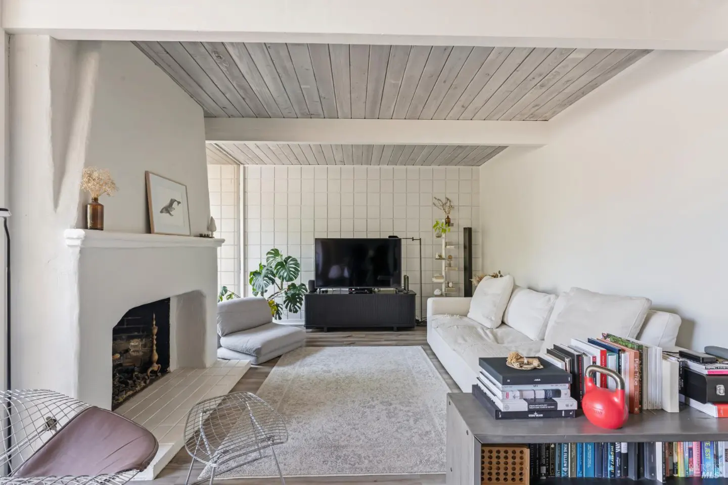 Bright living room with a white sofa, fireplace, and gray wood ceiling. A TV sits against a tiled wall, with plants adding a touch of nature.