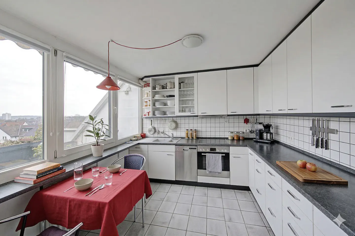 Bright kitchen with white cabinets, black countertops, and a red table set by a large window overlooking a cityscape.